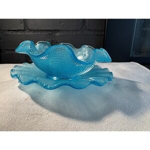 Vintage Blue Glass Ruffled‎ Bowl and Plate Set Diamond Point Hobnail Turquoise